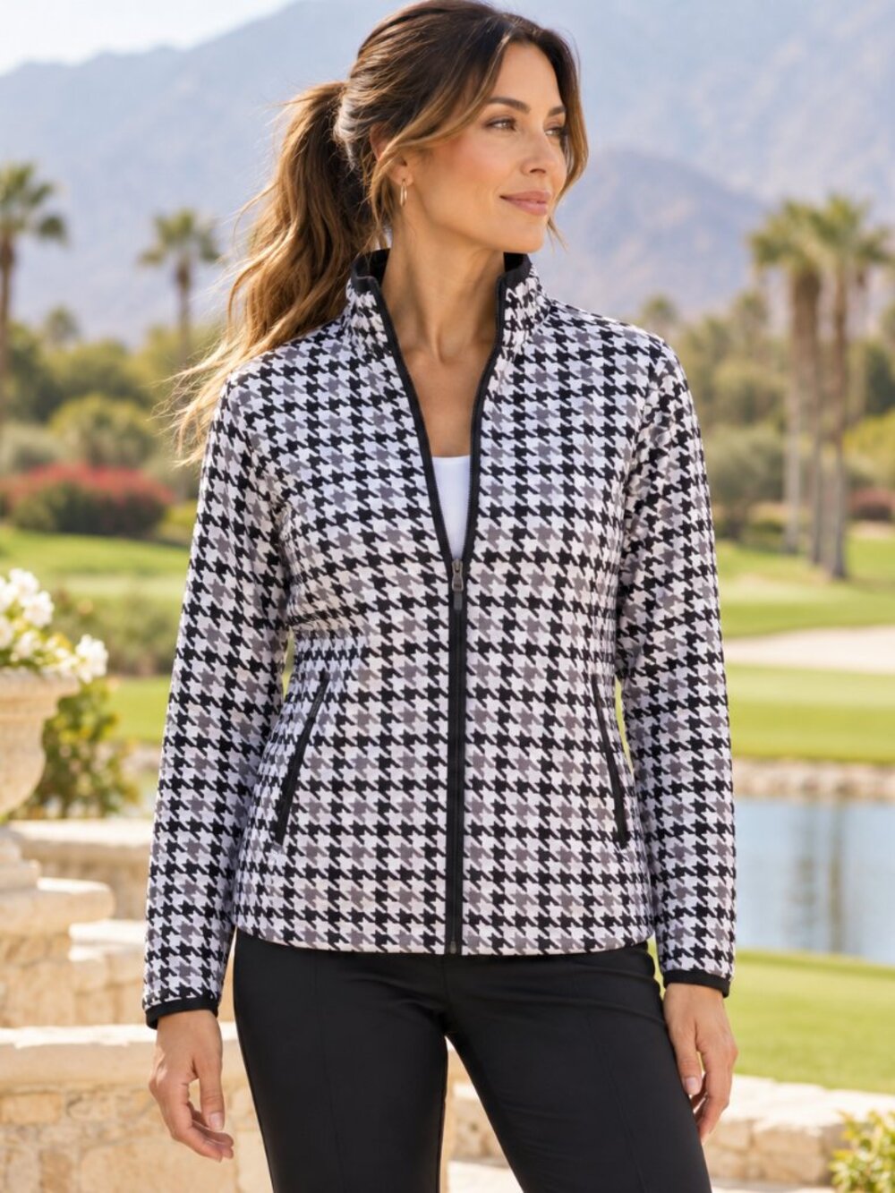 Sport Haley Golf Jacket Womens M Black White Houndstooth Full Zip Athleisure
